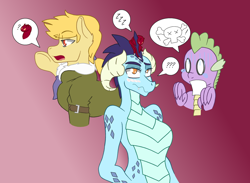 Size: 1024x750 | Tagged: safe, artist:the annoying tac, derpibooru import, princess ember, spike, oc, oc:squiggles, oc:techno sparklers, dragon, blushing, clothes, jacket, male, pictogram, stallion, travelers or nomads, zzz