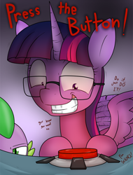 Size: 1124x1482 | Tagged: safe, artist:sandwich-anomaly, spike, twilight sparkle, twilight sparkle (alicorn), alicorn, dragon, pony, big red button, borderlands the pre-sequel, for science, glasses, just do it, looking down, ponies the anthology v, press the button, red button, scene interpretation, the science button, twilight snapple