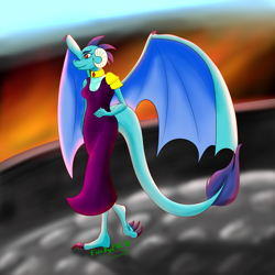 Size: 2160x2160 | Tagged: safe, artist:fireryd3r, derpibooru import, princess ember, anthro, clothes, dress, female, fire, happy, walking, wings