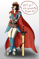 Size: 1024x1536 | Tagged: safe, artist:korencz11, derpibooru import, arizona cow, anthro, cow, them's fightin' herds, armor, cape, clothes, community related, cowboy hat, crossover, fire emblem: radiant dawn, hat, solo, stetson, sword, weapon