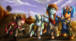 Size: 3357x1819 | Tagged: safe, artist:jamescorck, derpibooru import, oc, oc:appleale, oc:eissen, oc:sorren, oc:sweetwater, earth pony, pegasus, pony, unicorn, fallout equestria, clothes, desert, eyes closed, fallout, fanfic, fanfic art, female, filly, goggles, group, gun, hat, hooves, horn, laughing, magic, male, mare, open mouth, pipbuck, saddle bag, smiling, smirk, stable, stallion, the hopeful four, vault suit, walking, wasteland, weapon, wings