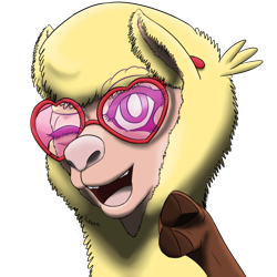 Size: 1024x1024 | Tagged: safe, artist:korencz11, derpibooru import, paprika paca, alpaca, them's fightin' herds, cloven hooves, community related, female, glasses, one eye closed, pointing, simple background, solo, transparent background, wink