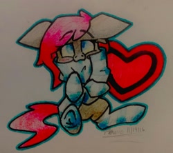 Size: 1850x1645 | Tagged: safe, artist:towmacow, oc, oc only, oc:ponepony, clothes, crayon, cute, female, heart, marker drawing, pony town, scarf, socks, solo, striped socks, traditional art