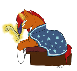 Size: 699x649 | Tagged: safe, artist:the-coffee-cobra, derpibooru import, sunburst, pony, unicorn, clothes, glasses, lying down, magic, male, parchment, quill, robe, signature, solo, stallion, sunburst's robe, telekinesis