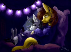 Size: 1280x946 | Tagged: safe, artist:jennyblue, derpibooru import, oc, oc only, oc:radiant star, oc:rune riddle, earth pony, pegasus, pony, clothes, couple, cuddling, fairy lights, female, male, phone, pillow, runestar, ych result