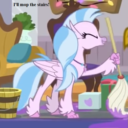 Size: 567x567 | Tagged: safe, derpibooru import, edit, edited screencap, screencap, silverstream, the hearth's warming club, bucket, cropped, cute, diastreamies, hearth's warming lights, jewelry, mop, necklace, school of friendship, that hippogriff sure does love stairs