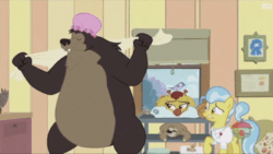 Size: 400x225 | Tagged: safe, screencap, clementine, doctor fauna, henry, lola the sloth, bear, giraffe, pony, sloth, fluttershy leans in, animal, animated, female, gif, hat, presenting, ribbon, shower cap, that's just creepy, towel, window