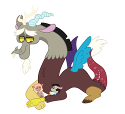 Size: 1024x934 | Tagged: safe, artist:ashidaii, derpibooru import, discord, oc, oc:entropy, oc:solstice, hybrid, baby draconequus, father and child, interspecies offspring, offspring, parent and child, parent:discord, parent:princess celestia, parents:dislestia, prone, simple background, transparent background