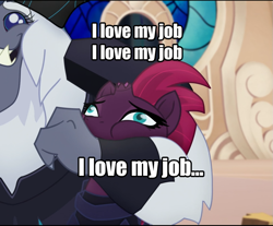 Size: 983x813 | Tagged: safe, derpibooru import, edit, edited screencap, screencap, storm king, tempest shadow, my little pony: the movie, bear hug, broken horn, cropped, emily blunt, hug, meme, solo focus, the devil wears prada, voice actor joke