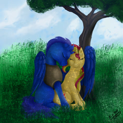 Size: 1000x1000 | Tagged: safe, artist:egyptin, oc, oc only, pegasus, pony, canon x oc, eyes closed, grass, hug, sitting, tree, winghug