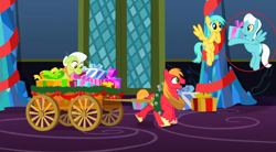 Size: 1280x704 | Tagged: safe, edit, edited screencap, screencap, big macintosh, granny smith, sunshower raindrops, earth pony, pegasus, pony, a hearth's warming tail, background pony, cart, castle, female, gift giving, high note, male, mare, present, stallion, twilight's castle