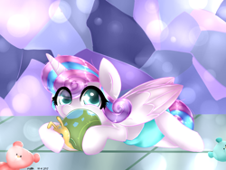 Size: 1000x750 | Tagged: safe, artist:papaii123, princess flurry heart, whammy, alicorn, pony, a flurry of emotions, baby, baby alicorn, baby flurry heart, baby pony, cute, diaper, diapered, diapered filly, female, filly, flurrybetes, pink diaper, solo, teddy bear