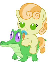 Size: 786x1017 | Tagged: safe, artist:red4567, gummy, junebug, pony, baby, baby pony, cute, pacifier, ponies riding gators, riding