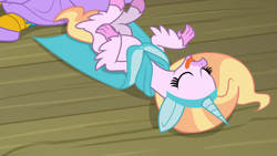 Size: 1920x1080 | Tagged: safe, derpibooru import, screencap, gallus, silverstream, horse play, acting, clothes, costume, fake ears, fake horn, on back, playing dead, solo focus, tongue out