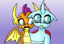 Size: 737x503 | Tagged: safe, artist:mojo1985, derpibooru import, ocellus, smolder, changedling, changeling, dragon, conjoined, dragoness, female, multiple heads, two heads, wat