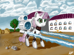 Size: 4000x3000 | Tagged: safe, artist:mrfays, sweetie belle, sweetie bot, pony, robot, robot pony, unicorn, absurd resolution, bridge, building, energy weapon, female, filly, foal, hooves, horn, laser, pebbles, rock, scenery, shooting, signature, smiling, solo, teeth, traditional art, tree, weapon