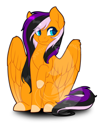 Size: 750x901 | Tagged: safe, artist:fuyusfox, oc, oc only, oc:sunrise, pegasus, pony, art trade, blue eyes, colored eyelashes, colored hooves, colored pupils, cute, female, looking at you, mare, multicolored hair, outline, raised hoof, simple background, sitting, solo, transparent background, watermark, wing fluff