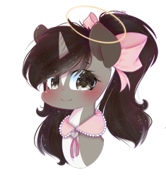 Size: 1343x1429 | Tagged: safe, artist:windymils, oc, oc only, oc:felix, pony, unicorn, art trade, blushing, bow, bust, female, hair bow, halo, looking at you, mare, portrait, simple background, smiling, solo, transparent background