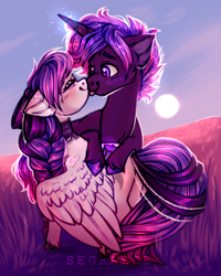 Size: 2000x2500 | Tagged: safe, artist:segraece, derpibooru import, oc, oc only, pegasus, pony, unicorn, commission, female, grass, jewelry, looking at each other, magic, male, mare, mlem, oc x oc, shipping, silly, stallion, straight, tongue out