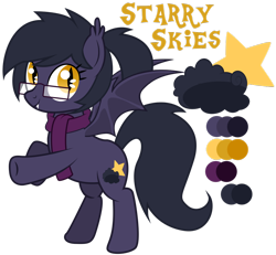 Size: 1024x948 | Tagged: safe, artist:matteglaze, oc, oc only, oc:starry skies, bat pony, pony, cutie mark, glasses, reference sheet, simple background, solo, transparent background