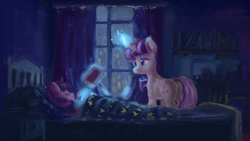 Size: 1921x1080 | Tagged: safe, artist:plainoasis, derpibooru import, twilight sparkle, twilight velvet, pony, unicorn, bed, book, female, filly, filly twilight sparkle, glowing horn, magic, mare, mother and child, mother and daughter, parent and child, rain, sleeping, smiling, window, younger