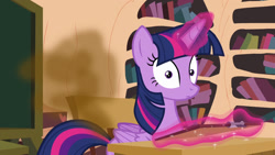 Size: 1280x720 | Tagged: safe, edit, edited screencap, screencap, twilight sparkle, twilight sparkle (alicorn), alicorn, pony, testing testing 1-2-3, fart, fart cloud, fart edit, glowing horn, solo, startled, twilight fartle, visible stench