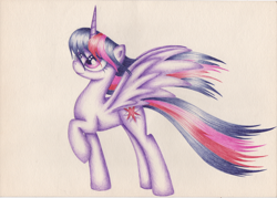 Size: 1024x732 | Tagged: safe, artist:langustka, twilight sparkle, twilight sparkle (alicorn), alicorn, pony, raised hoof, simple background, solo, spread wings, traditional art, windswept mane, wings