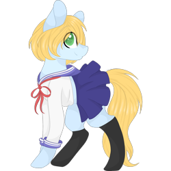 Size: 2048x2048 | Tagged: safe, artist:cinnamontee, oc, oc only, oc:shiro, earth pony, pony, clothes, colored pupils, crossdressing, cute, high res, male, pleated skirt, schoolgirl, simple background, skirt, skirt lift, socks, solo, stallion, transparent background