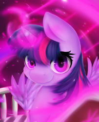 Size: 1300x1600 | Tagged: safe, artist:moondreamer16, twilight sparkle, twilight sparkle (alicorn), alicorn, pony, book, magic, railing, smiling, solo, swirls