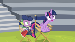 Size: 1920x1080 | Tagged: safe, derpibooru import, screencap, spike, twilight sparkle, twilight sparkle (alicorn), alicorn, dragon, horse play, chair, director's chair, discovery family logo, megaphone