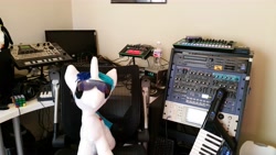 Size: 5312x2988 | Tagged: safe, artist:deloreandudetommy, oc, oc only, oc:supersaw, pony, unicorn, akai, akai s5000, computer, crystal pepsi, floppy disk, headphones, irl, keytar, male, mixing console, monitor, music equipment, musical instrument, photo, plushie, roland, rubik's cube, sampler, stallion, sunglasses, synthesizer