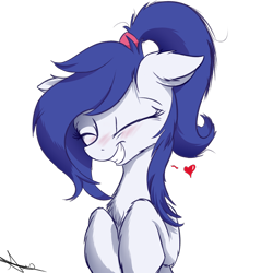 Size: 1024x1024 | Tagged: safe, artist:aurelleah, oc, oc only, oc:rescue pony, pony, aurelleah is trying to murder us, blushing, bust, chest fluff, cute, ear fluff, eyes closed, floppy ears, fluffy, happy, heart, ocbetes, ponytail, simple background, smiling, solo, transparent background, weapons-grade cute