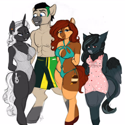 Size: 3561x3560 | Tagged: safe, artist:shellielle, derpibooru import, oc, oc only, oc:aerye, oc:honeypot meadow, oc:pandie, oc:samba volta, anthro, earth pony, pegasus, unguligrade anthro, unicorn, abs, anthro oc, arm behind back, breasts, clothes, colored sketch, commission, female, gift art, leonine tail, lidded eyes, male, mare, one-piece swimsuit, simple background, smiling, stallion, swimming trunks, swimsuit