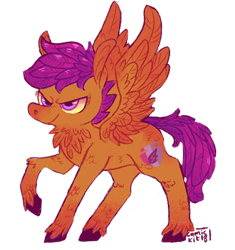 Size: 435x463 | Tagged: safe, artist:winkout, derpibooru import, scootaloo, pegasus, pony, chest feathers, colored hooves, feathered fetlocks, female, filly, raised hoof, simple background, solo, transparent background