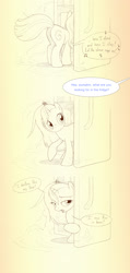 Size: 1198x2512 | Tagged: safe, artist:sherwoodwhisper, derpibooru import, oc, oc only, oc:eri, mouse, pony, unicorn, comic, dialogue, female, filly, frozen (movie), let it go, monochrome, refrigerator, solo, song reference