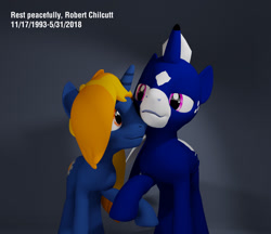 Size: 2048x1768 | Tagged: safe, artist:deloreandudetommy, derpibooru import, oc, oc only, oc:cobalt flash, oc:flame gauge, 3d, blender, couple, gay, male, memorial