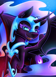 Size: 1446x2000 | Tagged: safe, artist:midnightsix3, nightmare moon, alicorn, pony, fangs, female, helmet, hoof shoes, mare, open mouth, smiling, solo