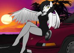 Size: 1280x930 | Tagged: safe, artist:maximus, derpibooru import, edit, oc, oc only, oc:carrera sky, anthro, pegasus, plantigrade anthro, black dress, breasts, car, cleavage, clothes, digital art, dress, female, high heels, little black dress, looking at you, mare, pinup, porsche, porsche 911, shoes, sitting, solo, sun, sunset