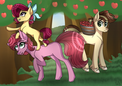 Size: 1024x731 | Tagged: safe, artist:misskitkat2002, derpibooru import, oc, oc only, oc:apple patch, oc:daisy, oc:wildflower, earth pony, pony, apple, apple tree, basket, bow, female, food, male, mare, offspring, parent:applejack, parent:big macintosh, parent:caramel, parent:cheerilee, parents:carajack, parents:cheerimac, stallion, tree