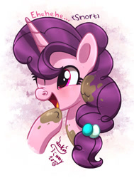 Size: 905x1200 | Tagged: safe, artist:joakaha, derpibooru import, sugar belle, pony, unicorn, the break up breakdown, cute, descriptive noise, female, giggling, mare, mud, snorting, solo, sugarbetes, wrinkle nose cutie face