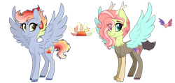 Size: 2440x1158 | Tagged: safe, artist:spectrumnightyt, derpibooru import, oc, oc only, oc:spring heart, oc:sunset swirls, hybrid, pegasus, pony, female, interspecies offspring, mare, offspring, parent:discord, parent:princess celestia, parent:rainbow dash, parent:soarin', parents:dislestia, parents:soarindash, simple background, spread wings, transparent background, wings