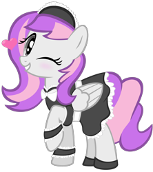 Size: 2214x2492 | Tagged: artist needed, source needed, safe, derpibooru import, oc, oc only, oc:amethyst lullaby, pegasus, pony, clothes, costume, female, heart, maid, mare, one eye closed, simple background, solo, transparent background, wink