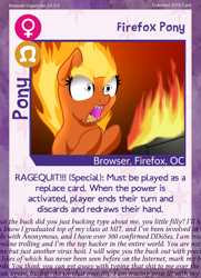 Size: 788x1088 | Tagged: safe, artist:10art1, oc, oc only, oc:firefox, pony, browser ponies, card, copypasta, fire, meme, navy seal copypasta, rage, solo, twilight sparkle's secret shipfic folder, vulgar