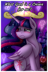 Size: 1200x1800 | Tagged: safe, artist:jack-pie, twilight sparkle, twilight sparkle (alicorn), alicorn, pony, big crown thingy, canterlot, crown, cutie mark, element of magic, female, immortality blues, jewelry, lidded eyes, looking at something, mare, poster, regalia, sad, solo, text