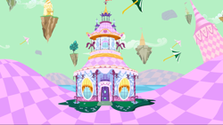 Size: 1440x810 | Tagged: safe, derpibooru import, screencap, the return of harmony, carousel boutique, chaos, discorded landscape, floating island, green sky, no pony, umbrella