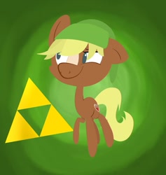 Size: 1024x1078 | Tagged: safe, artist:binkyt11, quarter hearts, earth pony, pony, cutie mark, green background, hat, hooves, lineless, link, male, simple background, solo, stallion, the legend of zelda, triforce