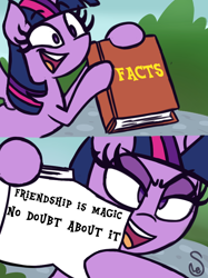 Size: 760x1015 | Tagged: safe, artist:quarium edits, derpibooru import, twilight sparkle, twilight sparkle (alicorn), alicorn, bipedal, book, ed edd n eddy, exploitable meme, female, mare, meme, op is right, spread wings, title drop, twilight's fact book, wings