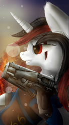 Size: 1231x2251 | Tagged: safe, artist:quefortia, oc, oc only, oc:blackjack, pony, unicorn, fallout equestria, fallout equestria: project horizons, 10mm pistol, armor, clothes, fanfic, fanfic art, female, gun, handgun, hooves, horn, mare, pistol, security armor, solo, vault security armor, vault suit, weapon