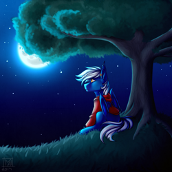 Size: 3500x3500 | Tagged: safe, artist:micky-ann, oc, oc only, oc:silver tongue, bat pony, pony, bat pony oc, clothes, commission, ear piercing, fangs, male, moon, night, piercing, sitting, solo, stallion, stars, sweater, tree