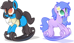 Size: 3183x1843 | Tagged: safe, artist:nxzc88, derpibooru import, oc, oc:aria, oc:liatris blossomheart, earth pony, pony, duo, female, high res, inanimate tf, lucario, pokémon, ponified, reins, rocking, rocking horse, simple background, transformation, transformed, transparent background, vector